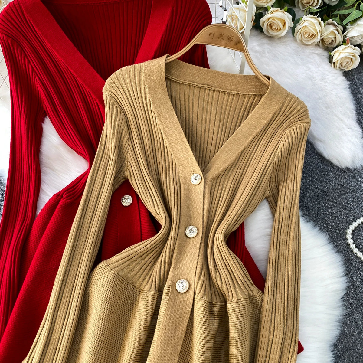 V Neck Knit A Line Long Sleeve Mini Dress for Women
