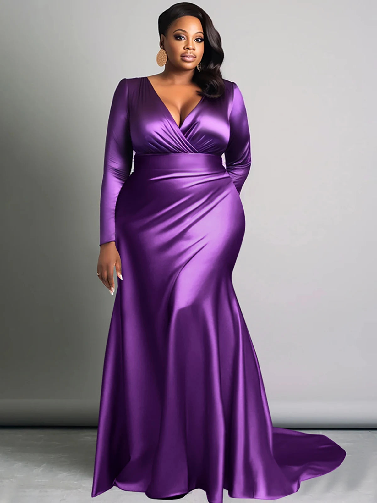 Plus Size Solid V-Neck Long Sleeve High Waist Fishtail Evening Gown For Women