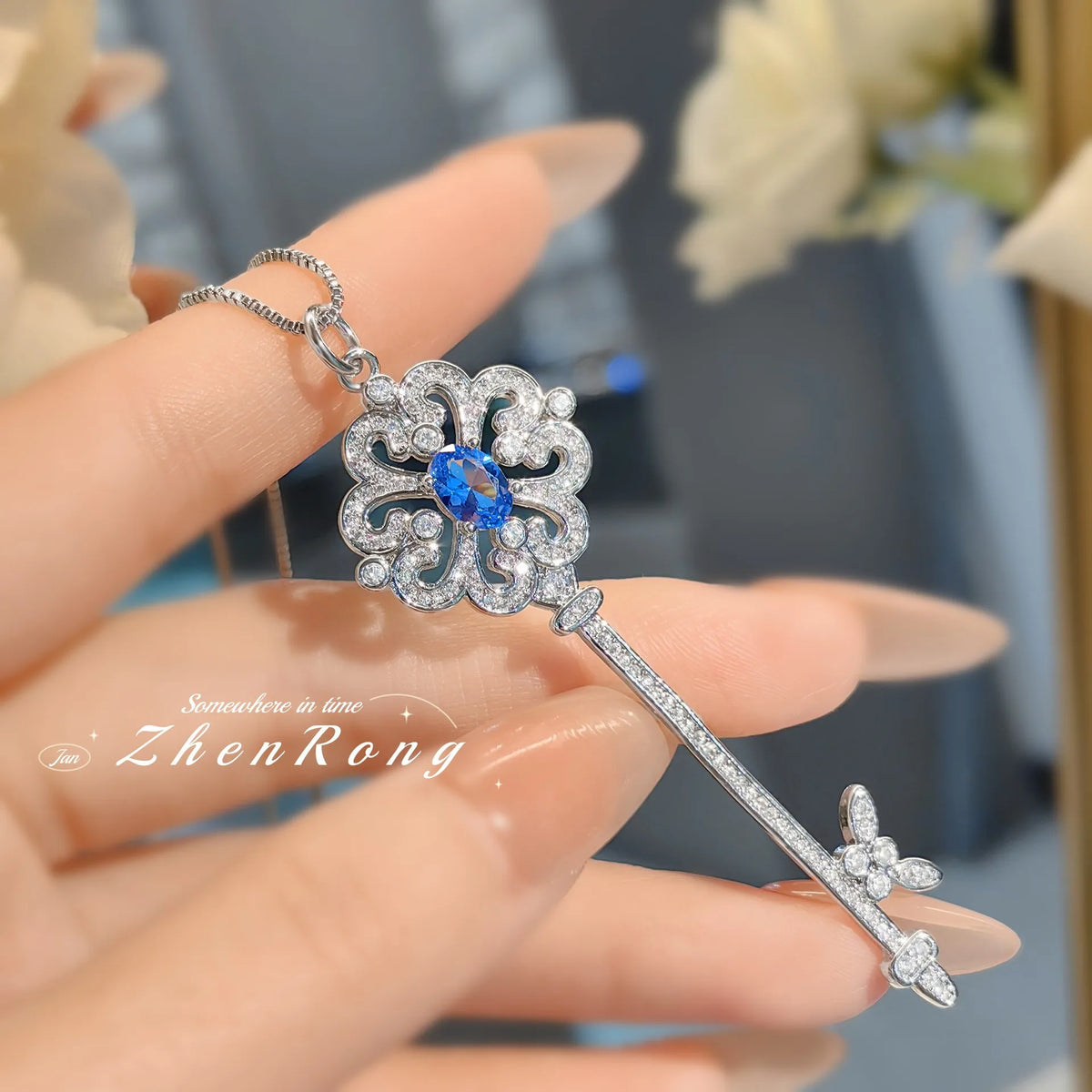 Silver Tone Key Shape Zirconia Pendant Necklace for Women