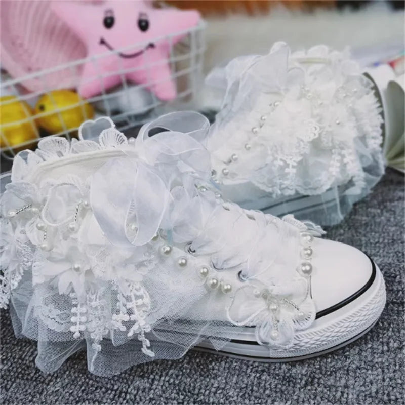 Pearl Floral Lace-Up Canvas High Top Shoes for Women