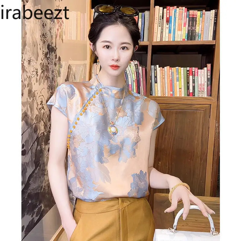 Chinese Inspired Floral Jacquard Satin Blouse For Women