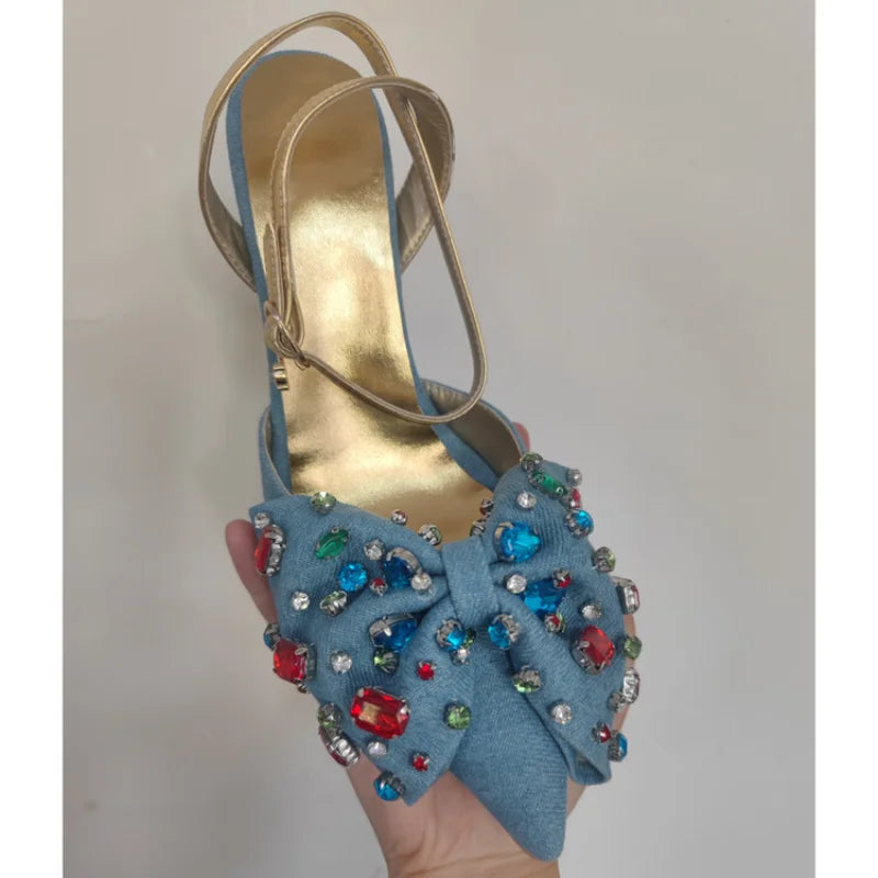 Crystal Rhinestone Bow Denim Pointed High Heel Sandals for Women
