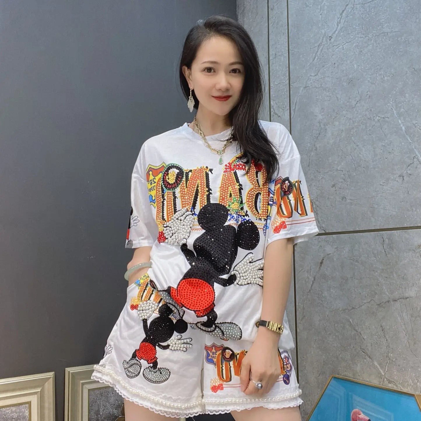 Heavy Industry Rhinestone Hot Fixed Short Sleeve T-shirt Summer New Casual Suit Top and Shorts 2 Piece Sets Womens Outfits