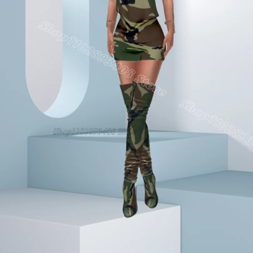 Camouflage Stiletto Pointed Toe Over Knee Boots for Women