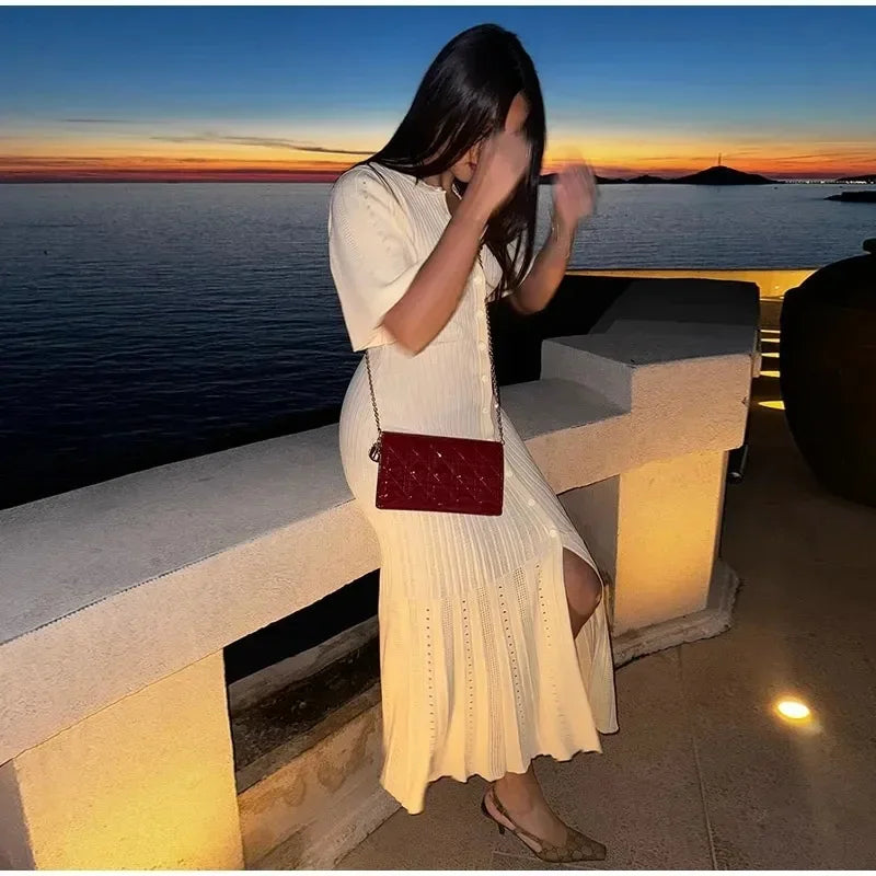 Elegant Pleated Hem Street Fashion O Neck Bell Sleeve Slim Knit Midi Dress 2025 Women Summer Beach Swimsuit Cover Up Tunic A3055