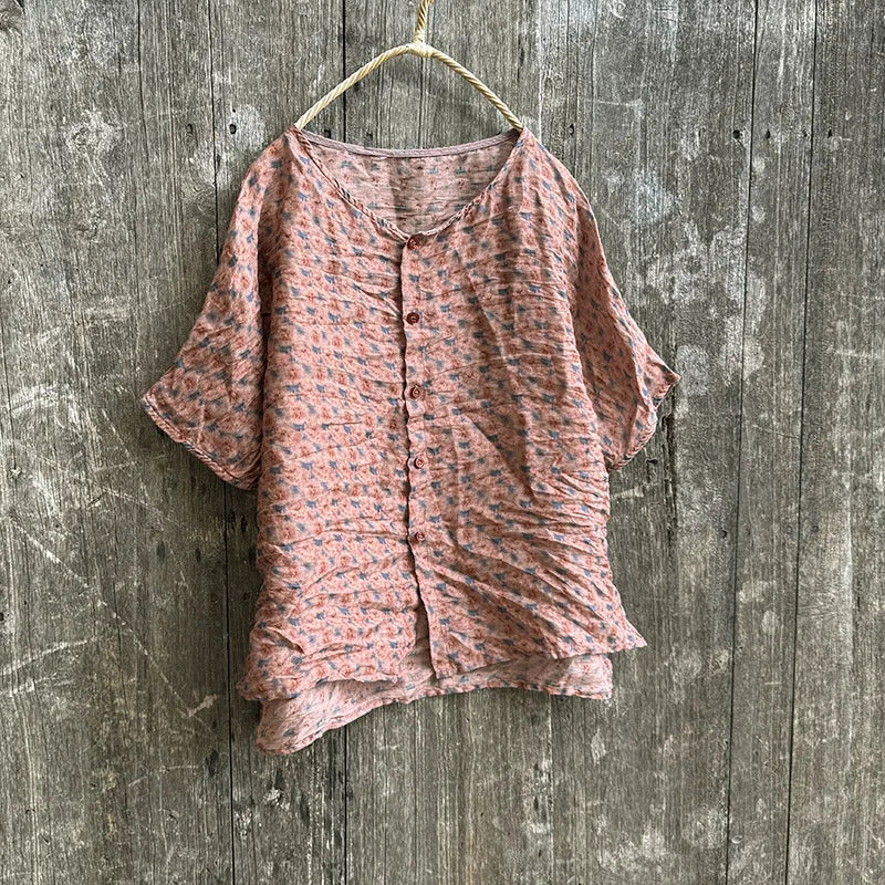 Casual Floral Print Loose Linen Relaxed Fit Shirt for Women