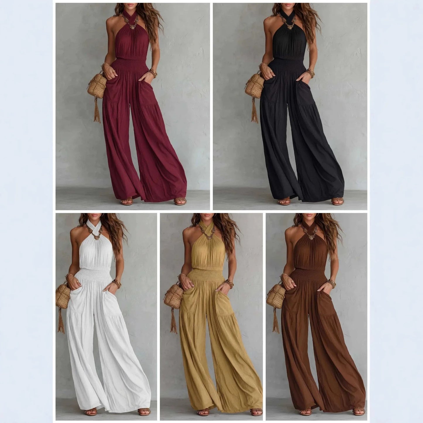 Halter Neck Solid Color Smocked High Waist Wide Leg Pockets Jumpsuit for Women