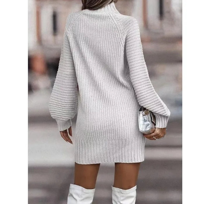 White Knit Lantern Sleeve Dress