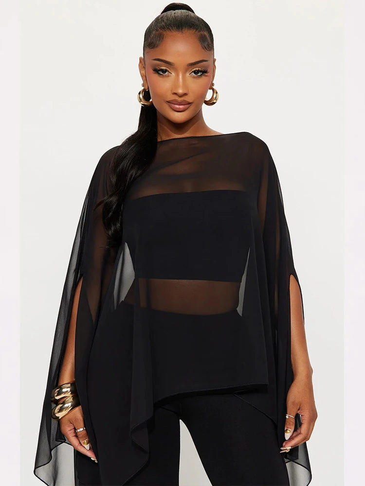 Nibber Hottie Mesh See Through Shawl Top Woman Skew Collar Batwing Sleeve Irregular Navel Exposed Design Sexy Fashion Clothing