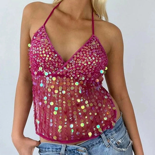 hirigin Women Sequin Halter Top Sexy Sleeveless Deep V Neck Glitter Tank Top Sparkle Backless Crop Top Summer Streetwear