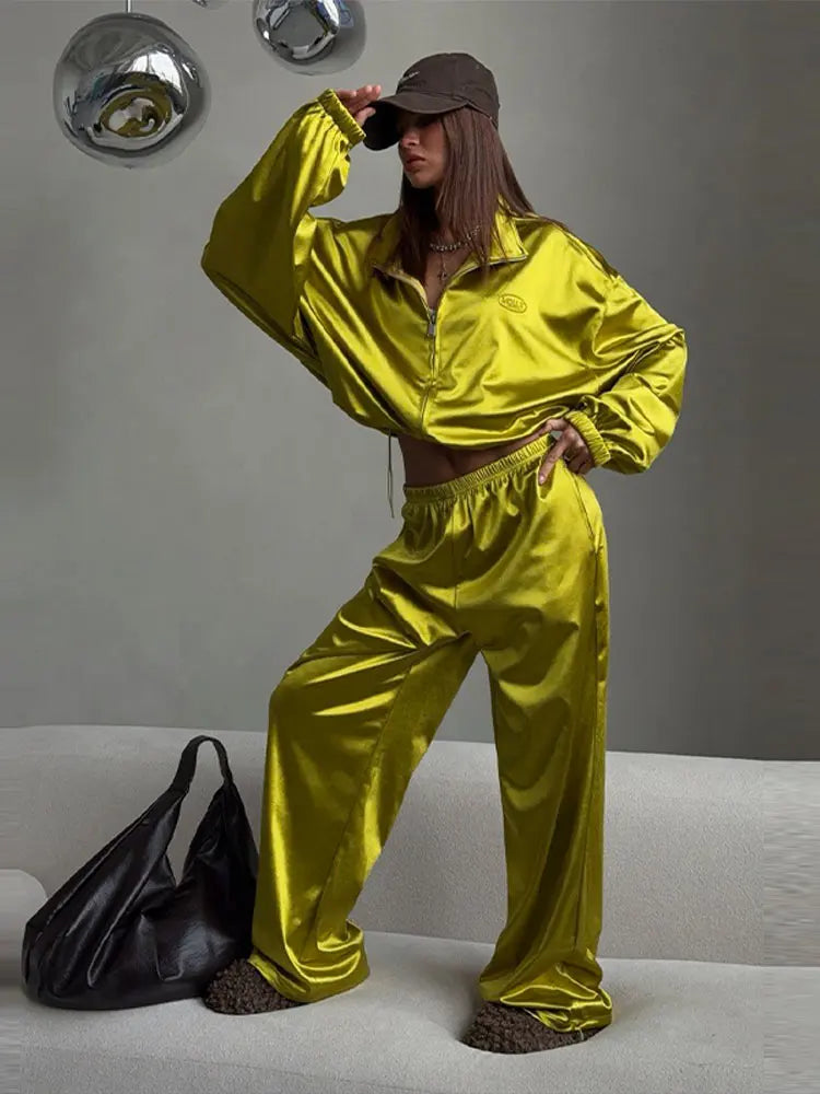 Loose Solid Satin Two Piece Pants Set With Zipper Jacket For Women