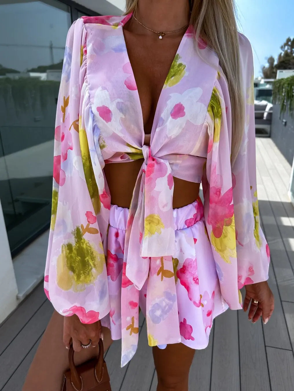Lace-Up Lantern Sleeve Deep-V-Neck Chiffon Two-Piece Set for Women