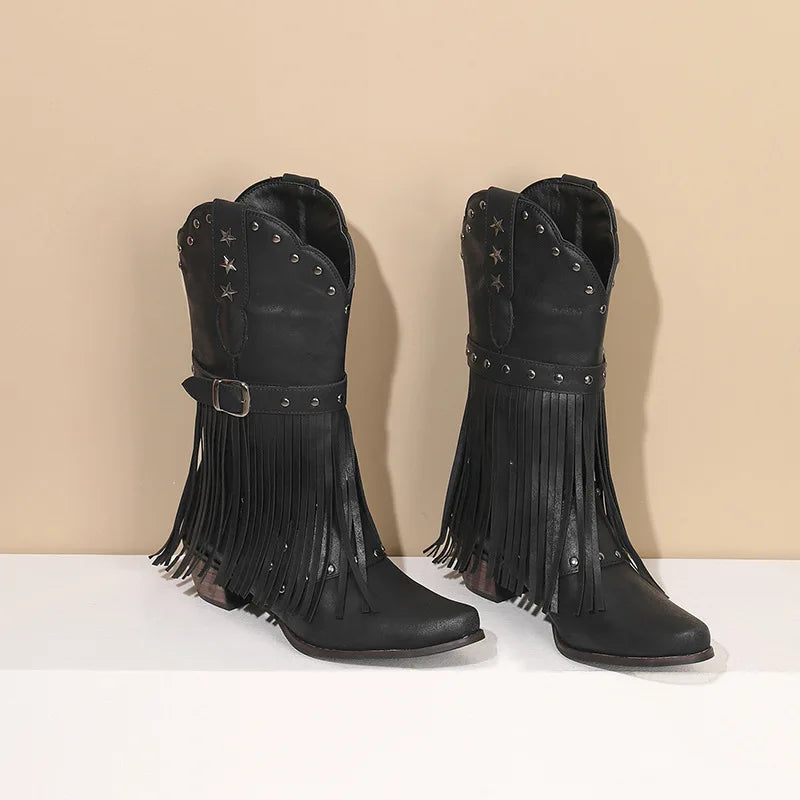 Western Fringed Riveted Block Heel Knee Boots for Women