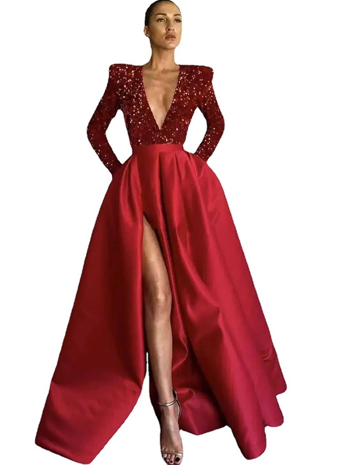 Sequin Deep V Neck Floor Length Evening Dress for Women