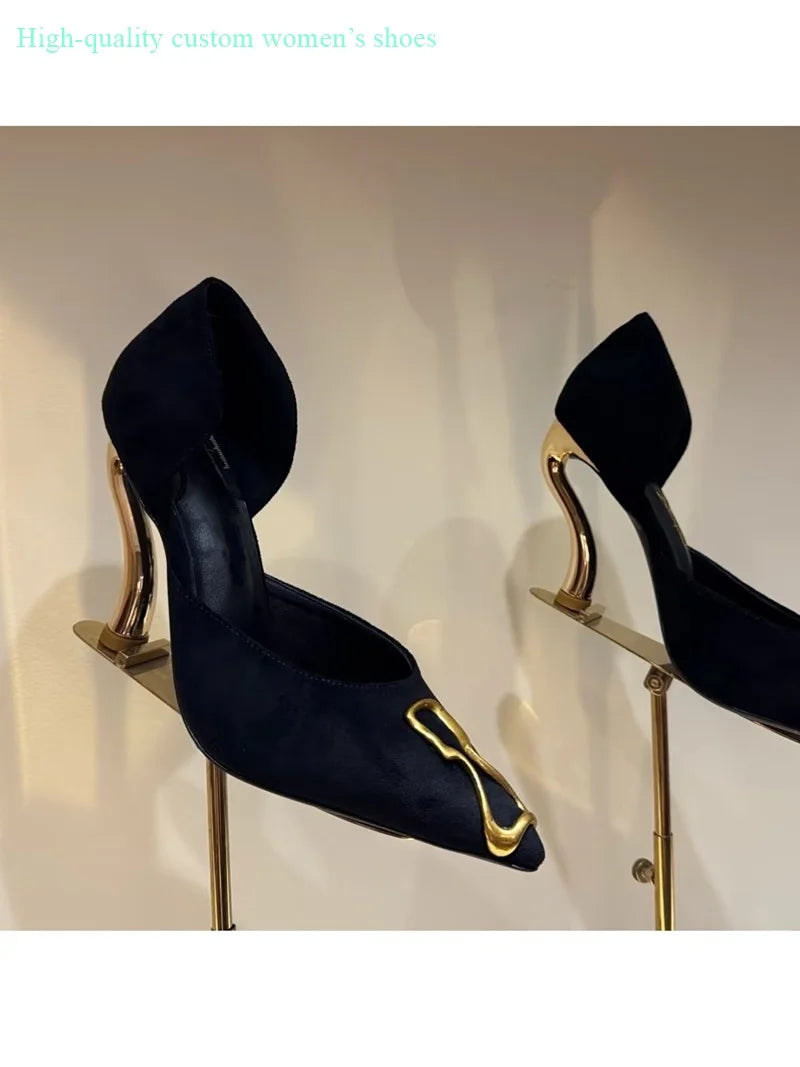 Black Leather Pointed Toe Stiletto Pumps With Buckle Strap For Women