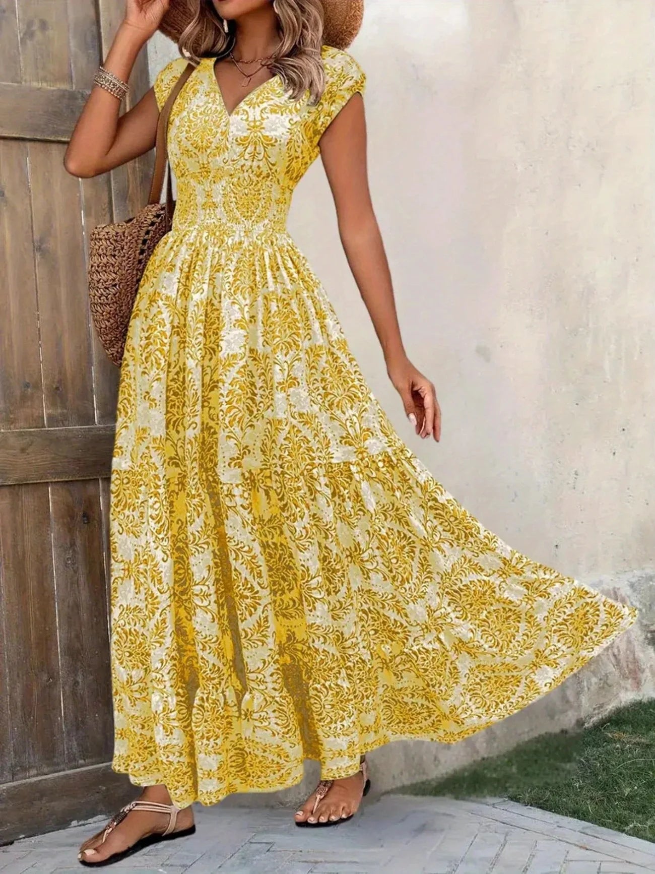 Bohemian Floral Printed V Neck Midi Dress For Women