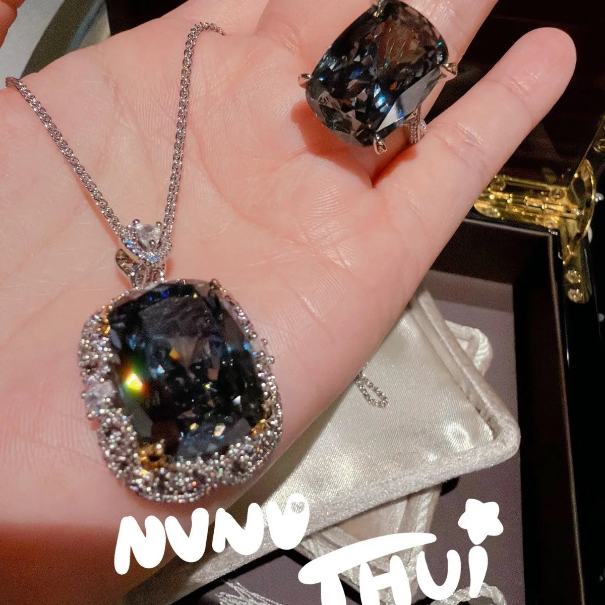 Gray Topaz Honeycomb Pendant Necklace and Ring Set for Women