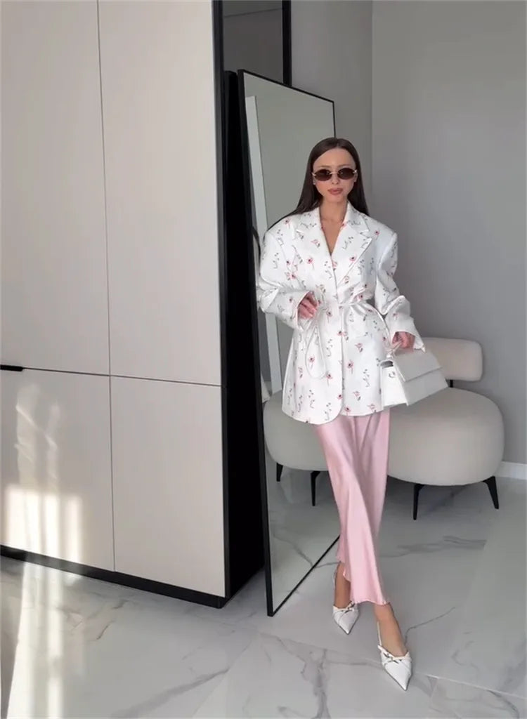 Printed Lace Up Casual Notched Blazer Jacket for Women