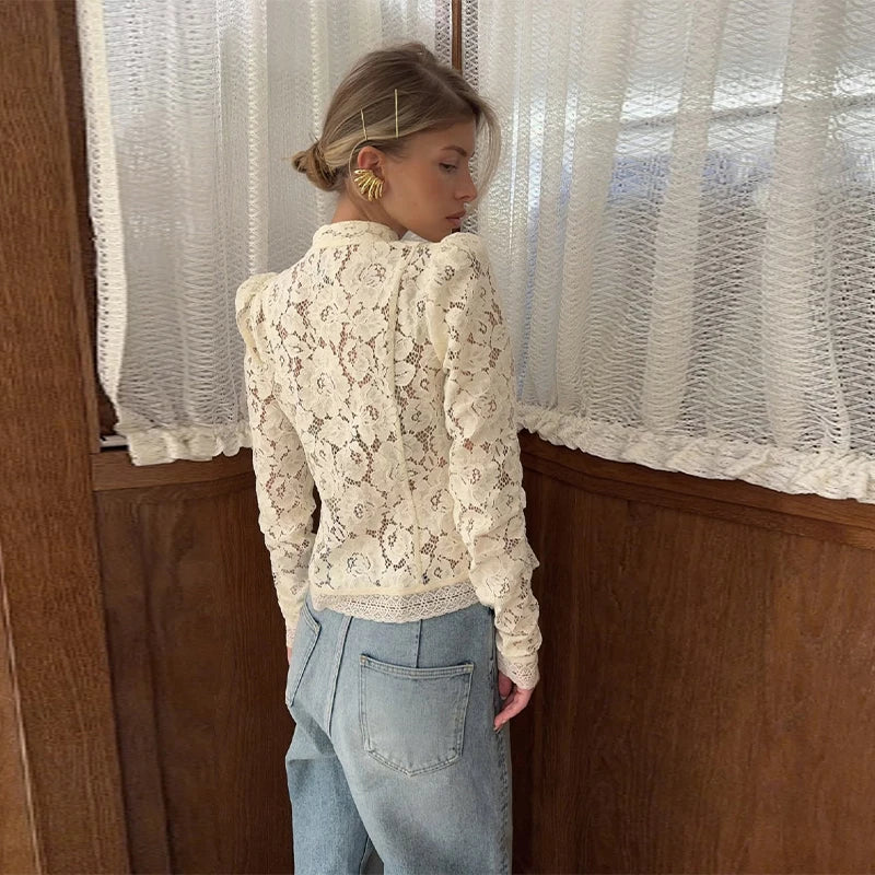 Elegant Embroidered Puff Sleeve Hollow Out Lace Blouse for Women