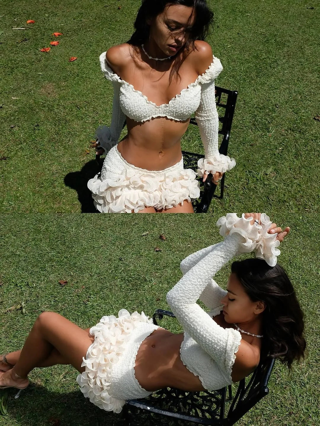 Cream Textured Vacation Off-Shoulder Two-Piece Set for Women