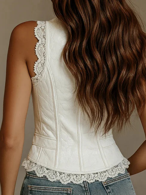 Deep V Neck Denim Backless Top With Lace Trim for Women