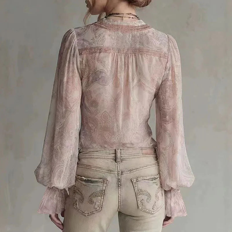 Retro Lace Trim Sheer V-Neck Lantern Sleeve Blouse for Women
