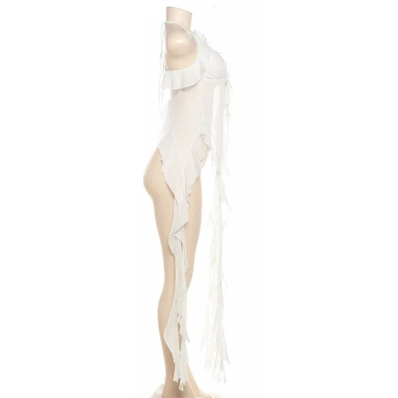 Y2K Sheer Mesh Spaghetti Strap Camisole Top White Ruffle Fringe Halter Tops Coquette Fairy Core Clothes 2024 Fashion