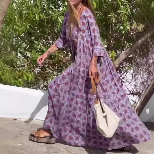 Office Women Seven Sleeve Casual 2025 Dress New Fashion High Waist Holiday Dresses 2025 Spring Summer V-neck Loose Robe Dress