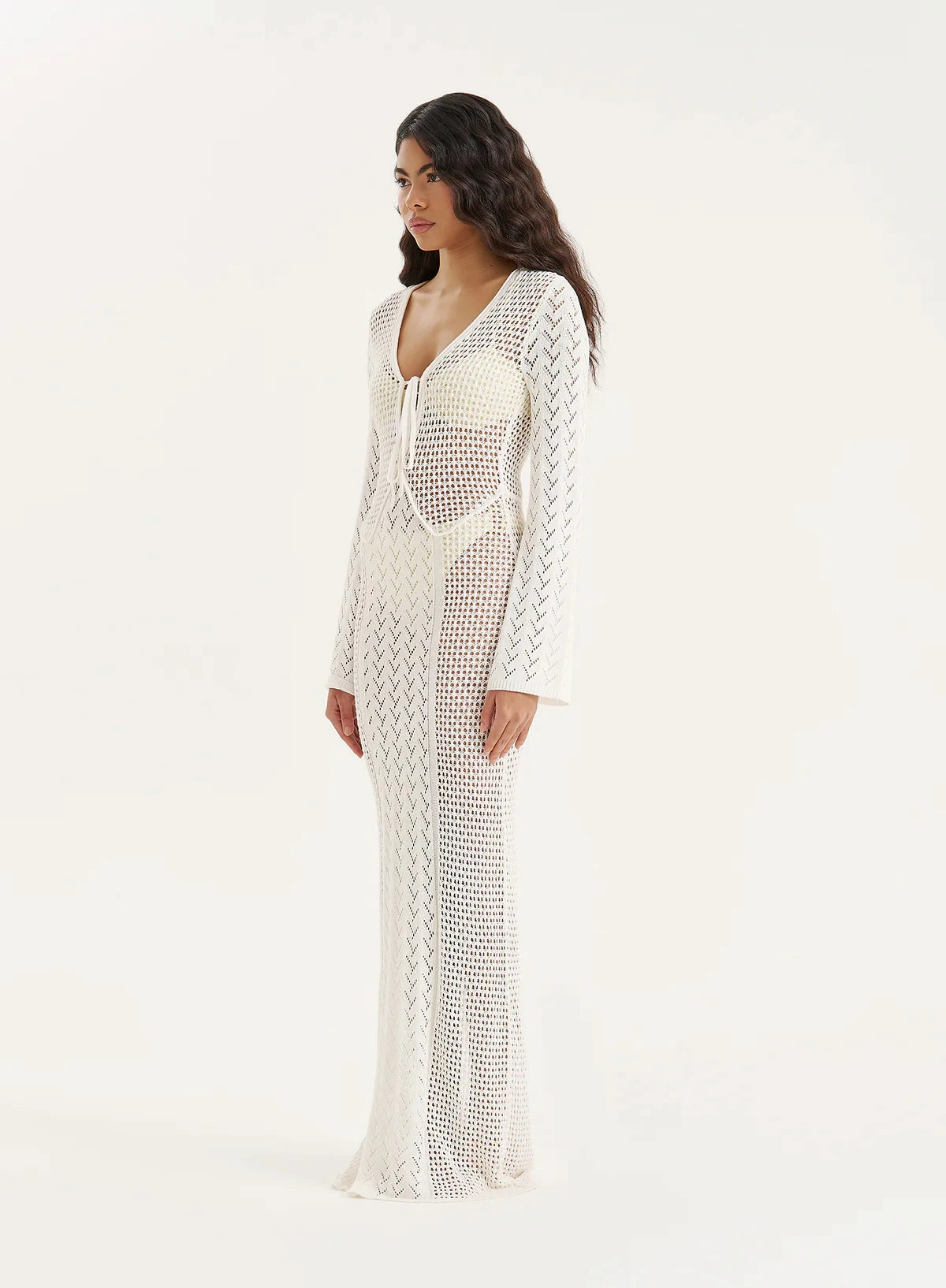 Women Sexy White Knit Swimsuit Cover Up Deep V-neck Tie Hollow Out Long Sleeve Beach Maxi Dress 2025 Summer Holiday Outfit K186