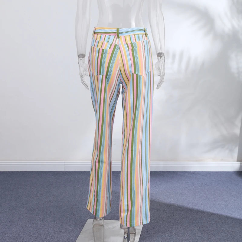 Color Block Rainbow Stripe Wide Leg Jeans for Women