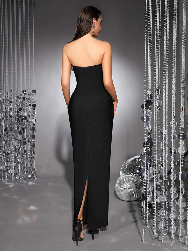 Strapless Crystal Flower Embellished Bodycon Maxi Dress for Women