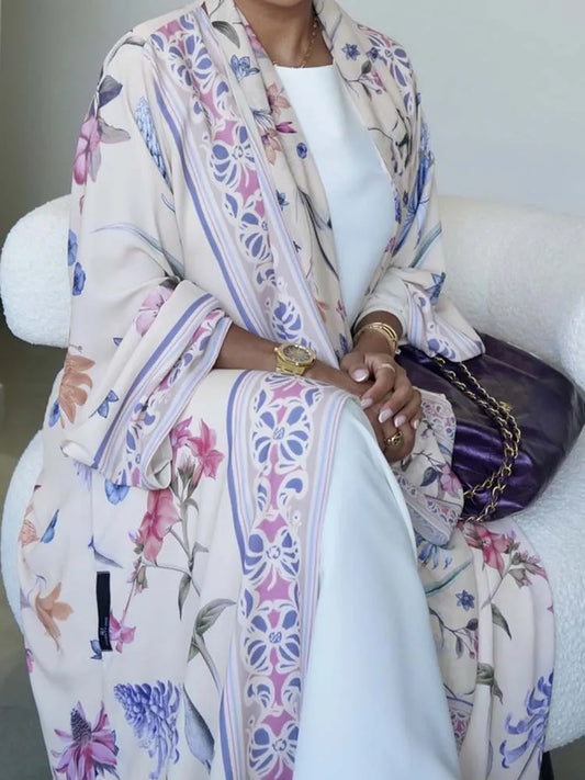 Elegant High Street Swing Vacation Jackets 2025 New Women's V Neck Autumn Coat Floral Print Long Sleeved Loose Muslim Cardigan