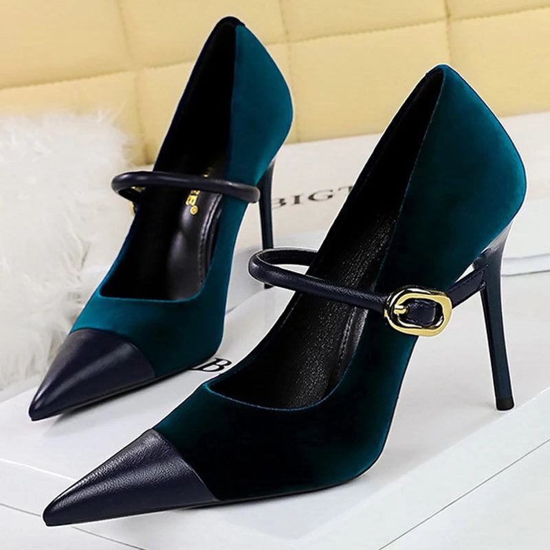 Suede Buckle Strap Pointed Toe Stiletto Pumps for Women
