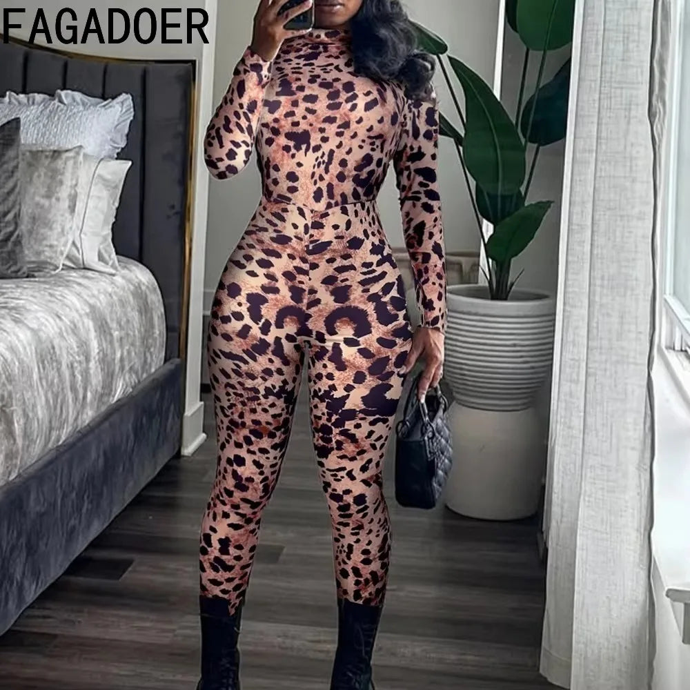 FAGADOER Y2K Sexy Leopard Print Bodycon Jumpsuits Women Spring New Skinny One Piece Rompers Midnight Streetwear Workout Overalls