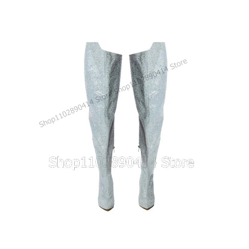 Light Blue Glitter Pointed Toe Stiletto Thigh High Boots For Women