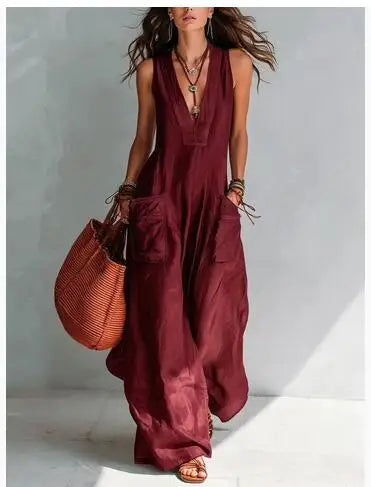 Sleeveless V Neck Loose Wide Leg Casual Jumpsuit For Women