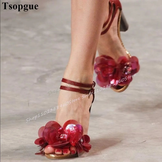 Red Plastic Sheet Flower Decor Sandals Chunky High Heel Women Shoes Ankle Buckle Strap Open Toe Luxury Catwalk Banquet Sandals