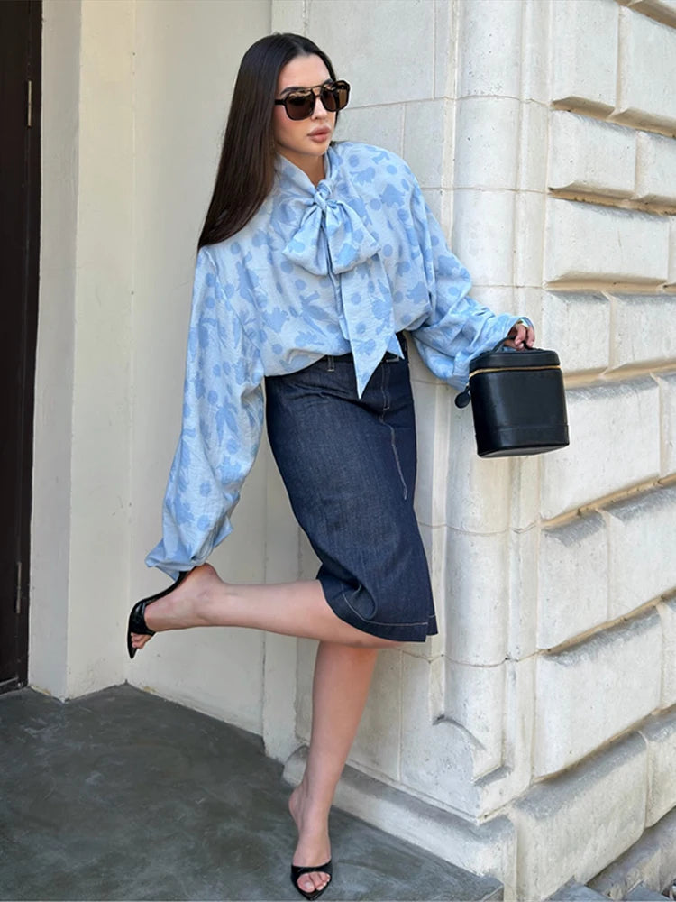 Elegant Printed Long Sleeve Lace Up Collar Blouse for Women