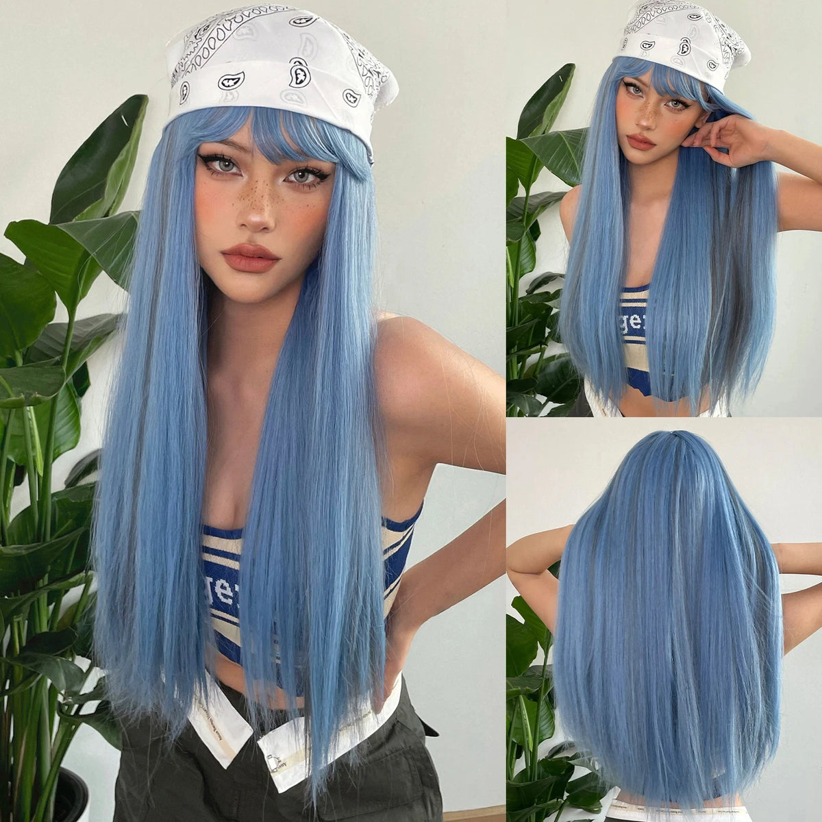 Long Straight Synthetic Wig With Bangs and Red Highlights for Women