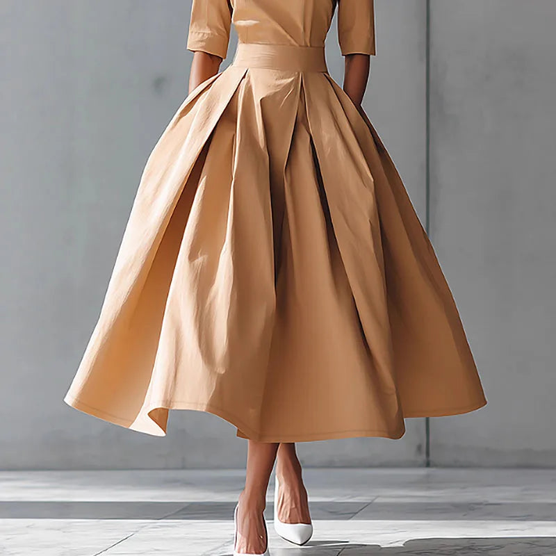 2026 Spring New O Neck Swing Long Party Dress Woman Casual Solid High Waist Pocket Pleated Dress Fall 3/4 Sleeve Boho Maxi Dress