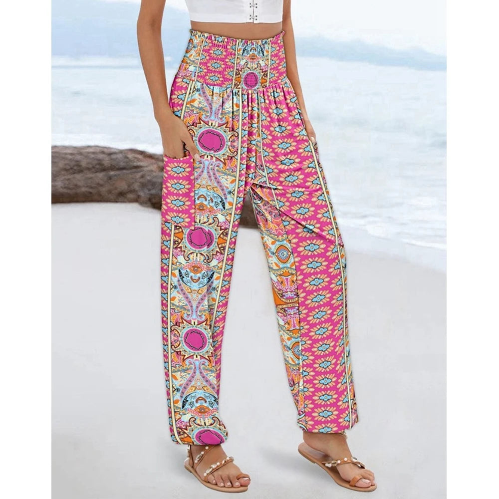 Women's High Waist Floral Print Pocket Cuffed Pants – Casual Sporty Streetwear Trousers with Shirring Elastic Waist