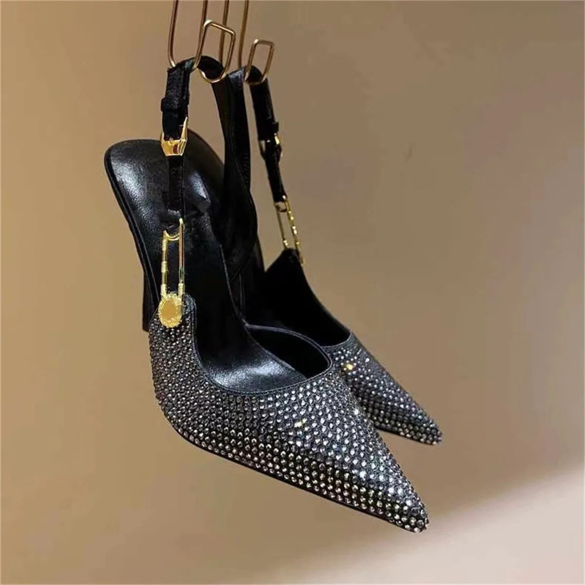 Sexy Pointed Toe Slingabck Rhinestone Sandals Lady Leather Luxury Dress Stiletto High Heel Pumps Women Shoes Metal Buckle