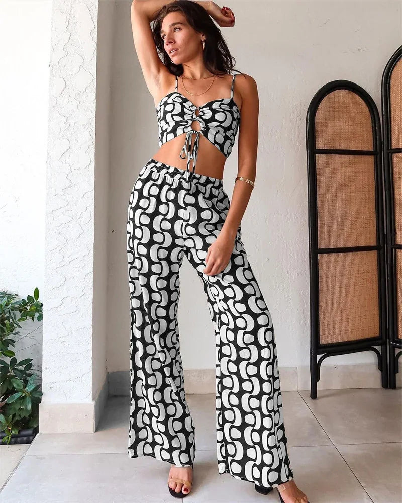 Black White Print 2 Piece Outfit Set Women Clubwear Hollow Out Spaghetti Strap Lace-up Crop Top and Wide Leg Pants Matching Sets