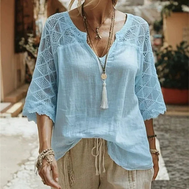 V-Neck Solid Three-Quarter Sleeve Loose Casual Tee for Women