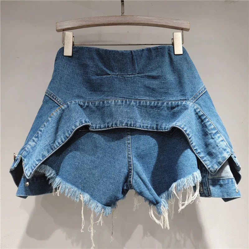 YEAE Fashion Women's Irregular Bandage Fake Two-piece Denim A-line Shorts Trendy 2025 Summer Wide Leg Hot Pants Female