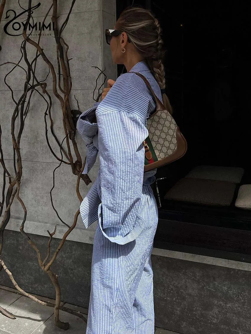 Oymimi Casual Dark Blue Print Women's Two Pieces Set Elegant Long Sleeve Button Shirt And Low Waist Straight Trousers Female Set