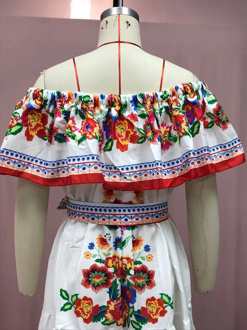Floral Print Off Shoulder High Waist Dress for Women