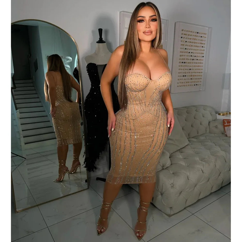 Rhinestone Mesh Sleeveless Mini Party Dress for Women