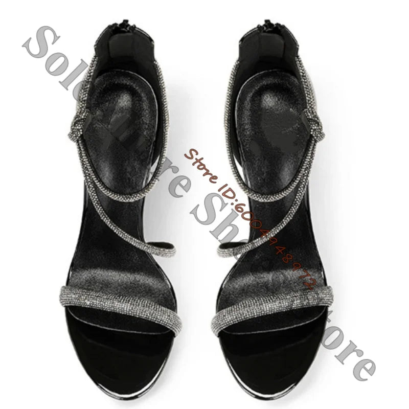 Gloss Black Patent Rhinestone Wrap Stiletto Sandals For Women
