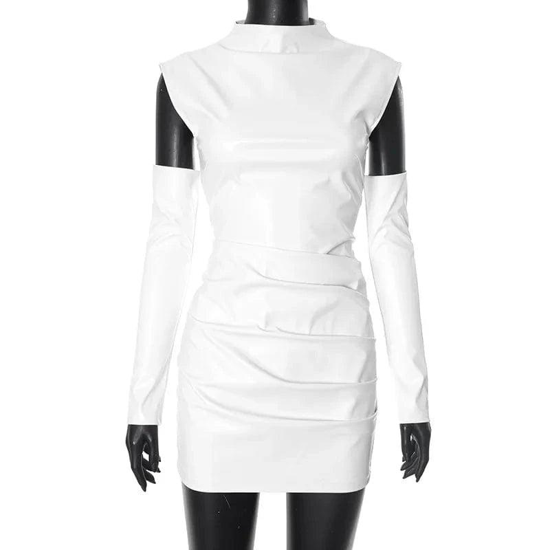 White PU Leather Bodycon Mini Dress for Women Elegant Sexy Turtleneck Sleeveless Party Dresses Spring Fashion Casual Dress 2025